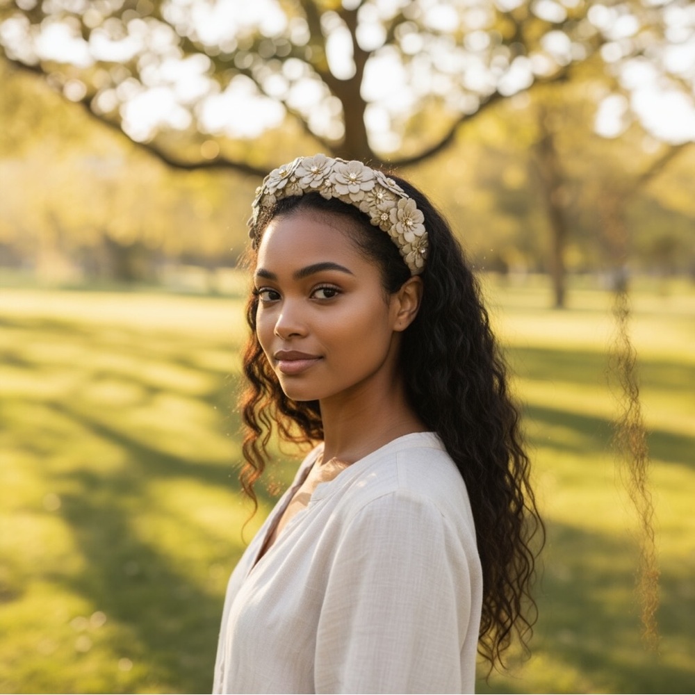 ARIANNA - Vegan Leather Padded/Embellished Rhinestones Flowers Headband - CREAM - Picture 4 of 4